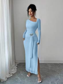 Elenzga Elenzya Women Summer Elegant Light Blue Long Sleeve Dress,Autumn Bar Party Chiffon Asymmetric Collar Waist Dress  Metal Butterfly Decor For Vacation - Baby Blue - View 4