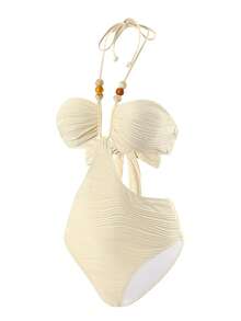 Swim Vcay Spring/Summer Solid Color Strapless Backless Tie Beaded Decor High Cut One-Piece Swimsuit For Beach Holiday Vacation Holiday Beige Casual - Apricot - View 4