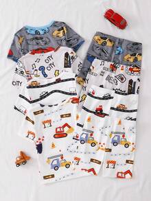 4 ensembles livraison aléatoire 2 ensembles, pyjamas ajustés fins pour garçons d'été, imprimé de voitures et d'avions de dessin animé, tissu doux et confortable extensible, haut à manches courtes et shorts 4 pièces - Multicolore - Voir 2