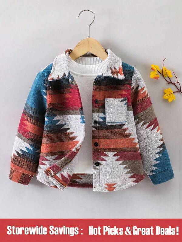 SHEIN Young Boy Geo Print Pocket Patched Overcoat Without Tee