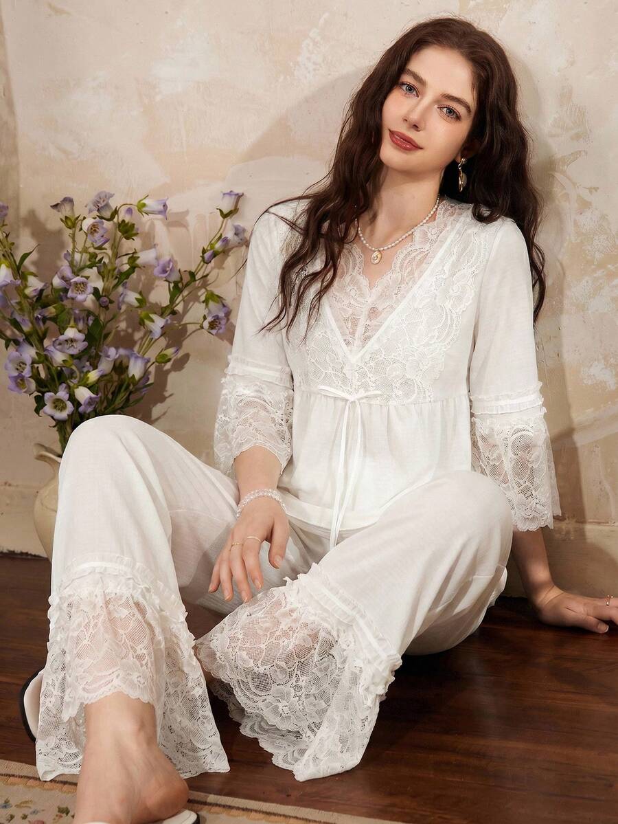 Côtesoire Bộ đồ ngủ nữ ren thanh lịch kiểu Pháp lãng mạn - trắng - Xem 1