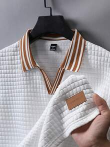 Manfinity Homme Men's Knitted Jacquard Solid Color Textured Brown & White Ribbed Collar Polo Shirt - White - View 3
