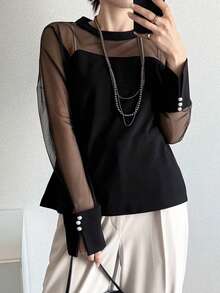 FRIFUL Damen Einfarbiges Mesh Patchwork Langarm Modisches T-Shirt - Schwarz - Übersicht 6