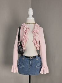 Glisette Ruffled Hem Fitted Flare Sleeve Design Fashionable Blouse, Suitable For Spring & Autumn - Baby Pink - View 6