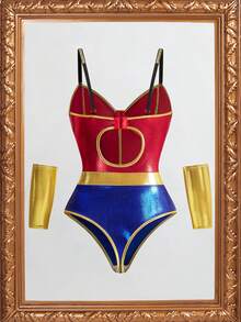 Fantasy Costume Conjunto de 3 piezas de lencería sexy tipo body para mujer, incluye body de cuero con efecto metalizado - Rojo - Ver 2