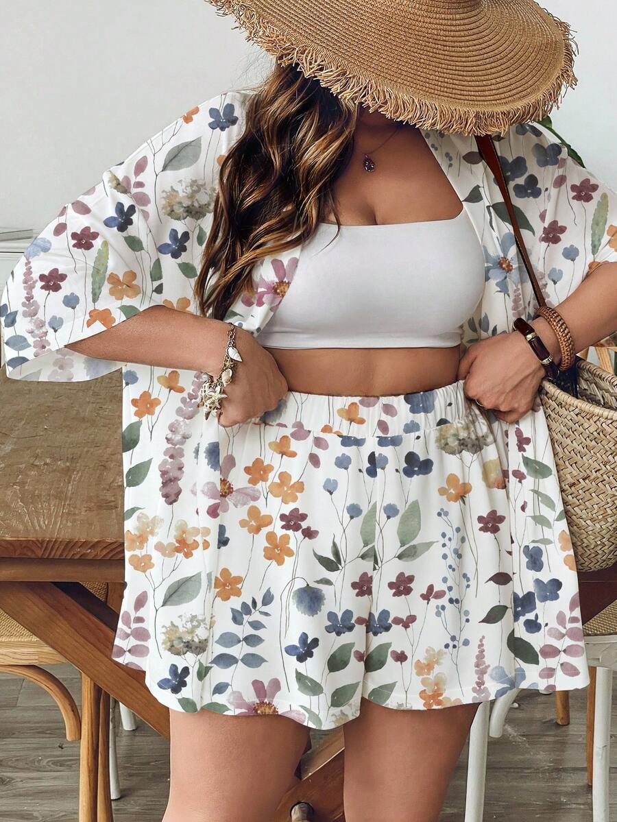 SHEIN VCAY Casual Minimalist Retro Leaf Pattern Loose Plus Size 2 Pieces Set, Suitable For Summer Brunch Outfits For Women 2 Piece Summer Clothes Tropical Vacation