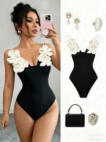 GlowEve Women's Elegant Sexy Black And White Bodysuit,Handmade Floral Bowknot Strap French Style, Contrast Color Design For Summer,Party Beach Night Vacation - Black and White - View 8