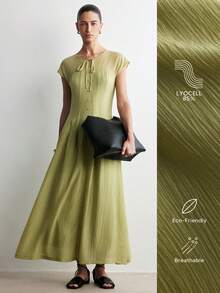 SHEIN Stylify 女士春夏新款优雅浪漫法式连衣裙，适合海滩、日常聚会、约会、通勤等场合，A字廓形，收腰设计，系带款式，绿色连衣裙 - 綠色 - 查看 2