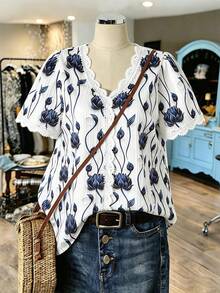 SHEIN JORESS Bestselling Floral Print Patchwork Lace Trim Casual Vacation Shirt, Spring/Summer - Multicolor - View 1