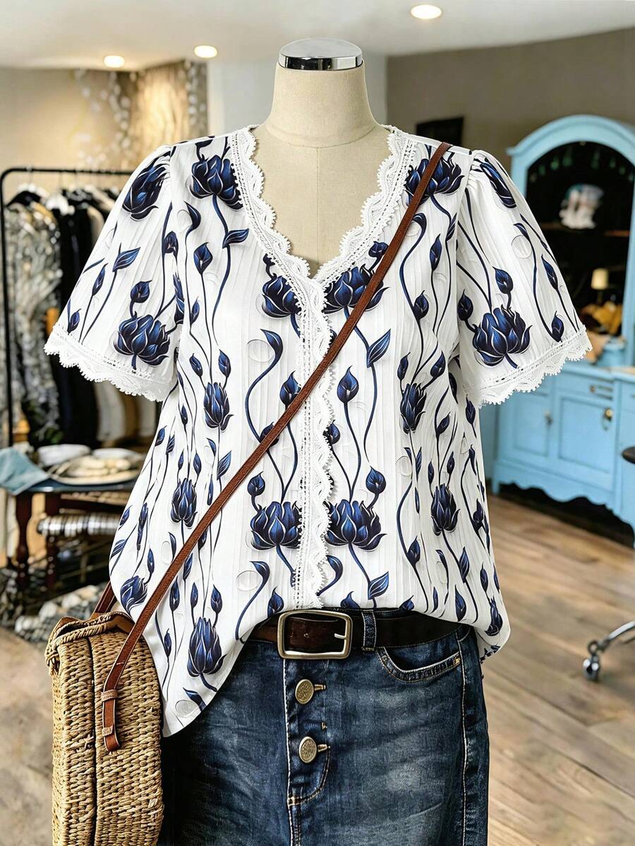 SHEIN JORESS Bestselling Floral Print Patchwork Lace Trim Casual Vacation Shirt, Spring/Summer - Multicolor - View 1
