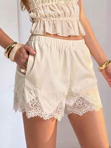 Firerie Quần short nữ dáng rộng, màu trơn, cạp chun, viền ren, thanh lịch, thích hợp cho đi biển, nghỉ mát, du lịch, hẹn hò, mặc nhà thoải mái, mùa hè. - trắng - Xem 7