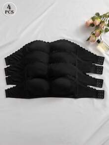 NudeFit Set Bra Hitam 4 Potong untuk Wanita, Tali dan Bantalan yang Dapat Dilepas - Hitam - View 4