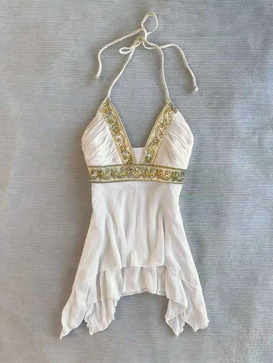 IslaSuriya Sequin Embroidered Ribbon Decor Asymmetric Hem Backless Halter Neck Top For Women - White - View 1