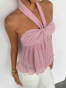 DAZY Solid Color Halter Backless Elegant Basic Sexy Summer Vest Top For Women Vacation Outfits Women Swimming Lilac School - Pink - View 4