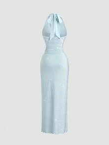 Elamini 女士夏季连衣裙，饰有闪亮吊坠领，系带领口，金属海星扣，高开衩设计，优雅甜美性感，适合派对、约会、浪漫假期、海滩度假等场合。 - 淺藍色 - 查看 2
