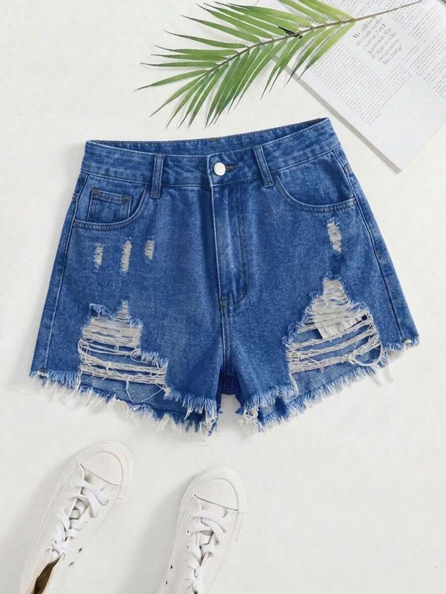 SHEIN Holidaya Shorts vaqueros de talle alto versátiles y desgastados, para el verano - Azul - Ver 1