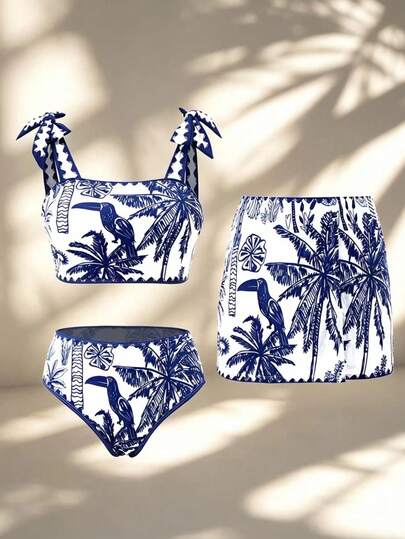 Swim Oasis Conjunto de bikini de playa de moda con estampado de palmeras para mujer de talla grande