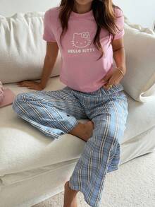 HELLO KITTY | DAZY 女士夏季印花T恤上衣和格子宽松睡裤睡衣套装 - 粉色 - 查看 3