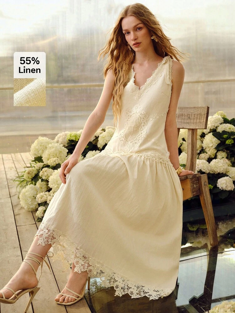 WOMEN'S ELEGANT ROMANTIC LACE EMBROIDERED SPLICE MID-LENGTH LINEN BLEND DRESS, SPRING/SUMMER