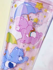 SHEIN X Care Bears 450毫升卡通草莓图案透明双吸管杯，礼品创意 - 粉色 - 查看 7