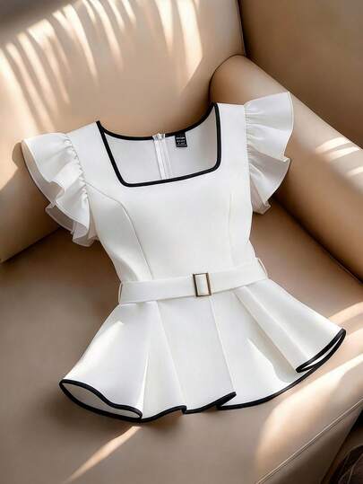 Franclia 女士修身腰部时尚方领短袖撞色衬衫，夏季