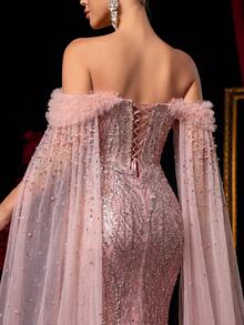 Glamrae Elegant Luxurious Pearl Sequin Mesh Splice Off-Shoulder 3D Rhinestone Handmade Beaded Sheer Extra Long Sleeve Mermaid Side High Slit Tie Formal Dress - Pink - View 6