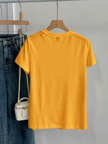 SHEIN BASICS 夏季运动纯色圆领短袖T恤 - 芥末黃 - 查看 2