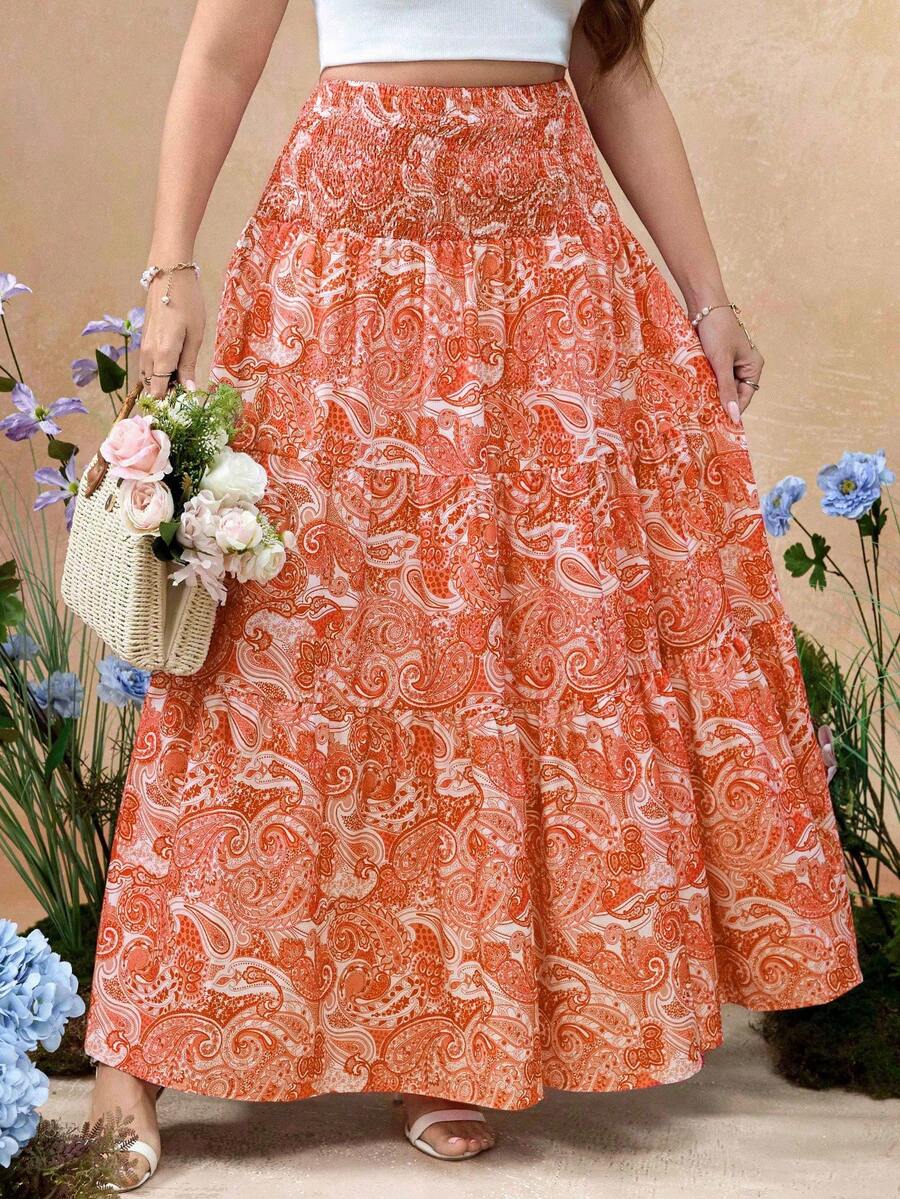 Flirla Váy maxi cỡ lớn dành cho nữ, in họa tiết hoa điều, phong cách Bohemian. - trái cam - Xem 1