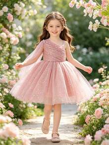 Glamorique Kids Young Girl 灰粉色單肩披肩星月亮亮片網紗仿珍珠薄紗澎澎公主正式禮服，櫻桃粉，夏季，花童，派對 - 藕粉色 - 查看 5