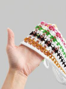 SHEIN PETITE 女士度假条纹镂空侧开衩针织连衣裙 - 白色 - 查看 4