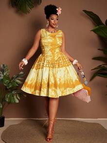 Maweii Vestido plus size com cintura franzida, decote redondo, sem mangas, para praia, férias e estampa sexy de Halloween. - Amarelo - Ver 2