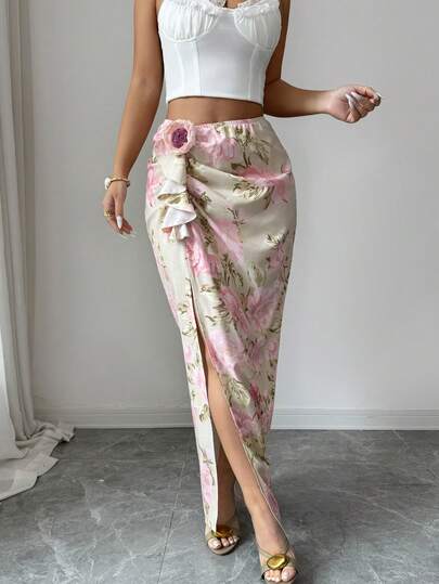 Elenzga 女士优雅时尚通勤休闲舒适迷人复古简约浪漫假日印花不对称褶皱3D花卉装饰A字裙（随机印花）