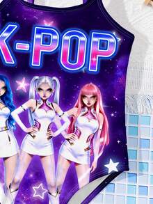 SHEIN 少女夏季海滩度假 K-Pop 卡通女团星空印花连体泳衣 - 彩色 - 查看 7