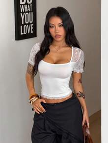 Coolane 女士夏季Y2K休闲约会之夜假日度假装扮西式蕾丝弹力白色修身方领短袖T恤 - 白色 - 查看 6