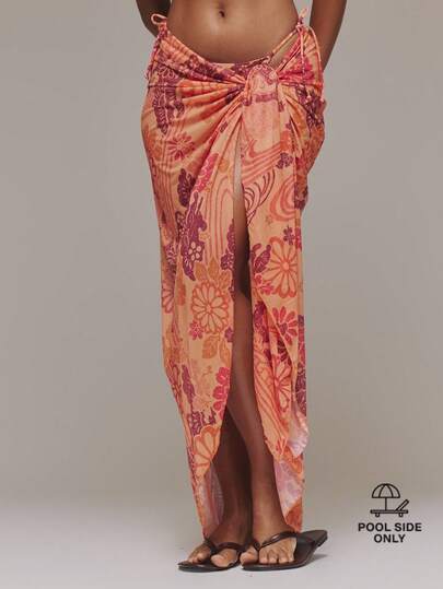 Musera Resort Mesh Sheer Floral Graphic Print Tie Long Sarong Cover Up Swim Vacation Summer Holiday Boho Cute Sexy Simple Elegant Shawl Casual Beach Wrap Skirt Travel Daily Wear Flower Party