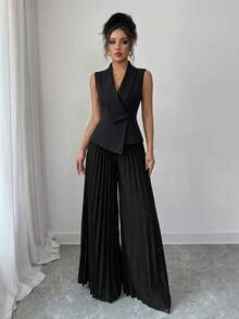 Elenzga Chaqueta de blazer negro elegante de oficina con diseño de solapa + Pantalones anchos de pierna plisada negros elegantes de oficina, primavera/verano - Negro - Ver 4