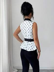 Elenzga Áo kiểu nữ không tay cổ bẻ, thắt eo, chấm bi, thanh lịch - trắng - Xem 2