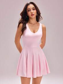 Sovereign Charm Casual Versatile White Sleeveless Backless Cross Design With Pocket Lining Slim Fit Sports Dress - Pink - View 3