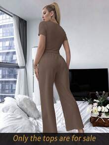 Lazeform Camiseta corta de unicolor básica para mujer, nueva prenda casual de primavera/verano - Marrón Chocolate - Ver 2