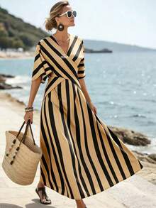SHEIN Holidaya 女士黄色条纹宽松度假春夏V领修身连衣裙，适合度假、休闲、居家和日常活动 - 駝色 - 查看 7
