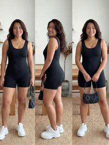Enliva Bộ áo liền quần ngắn bó sát không tay màu đen dành cho nữ Plus Size, mùa hè - màu đen - Xem 4
