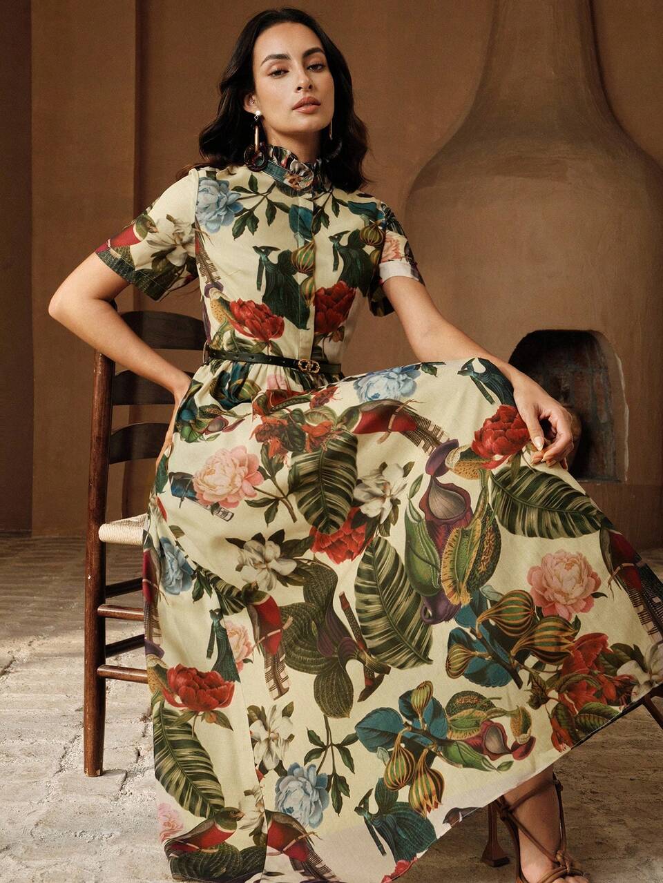 Anewsta Women's New Elegant Floral Print Short Sleeve A-Line Dress With Ruffle Collar, Cinched Waist Belt, Resort Style