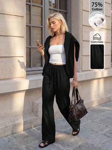 SHEIN ICON Quần nỉ nữ ống rộng màu đen trơn, thoải mái và giản dị, chất liệu dệt kim. - màu đen - Xem 14