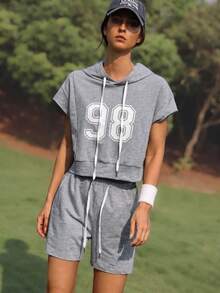 WanderVale 女士数字印花连帽短袖上衣和短裤套装 - 灰色 - 查看 3