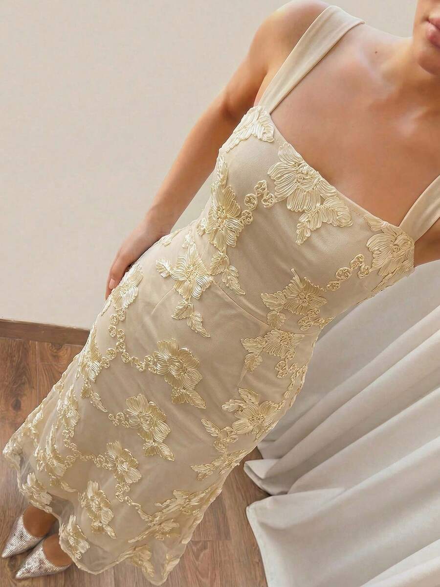 SHEIN Allurite 女士提花优雅修身长连衣裙,配粗肩带 - 杏色 - 查看 1