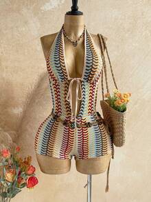 SHEIN WYWH Mono sexy con cuello en V profundo, frente con lazo y rayas para vacaciones de mujer - Multicolor - Ver 3