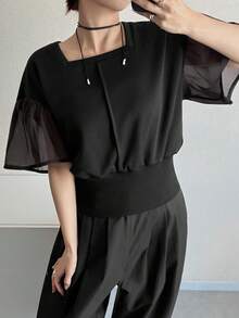FRIFUL Áo kiểu nữ cổ vuông phối lưới, dáng rộng, thời trang mùa hè. - màu đen - Xem 1