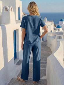 Faunlyn Women's V-Neck Short Sleeve Top And Pants Casual 2 Pieces Set - Medium Wash - View 2
