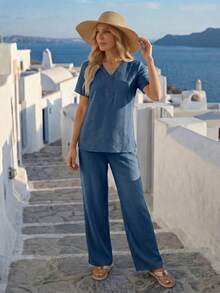 Faunlyn Women's V-Neck Short Sleeve Top And Pants Casual 2 Pieces Set - Medium Wash - View 5