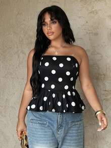 Rustia Top elegante y vintage con volantes en el bajo, con estampado de lunares negros, ajustado y sin tirantes, para fiestas y vacaciones, para mujeres de talla grande - Blanco y Negro - Ver 5